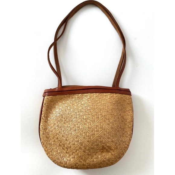 Vintage 80s Woven Straw Leather Trimmed Shoulderbag Brown Tan Double Straps - Picture 14 of 15